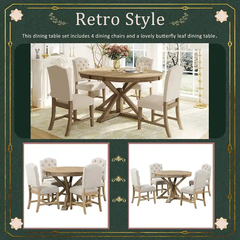 Functional Dining Table Set with Extendable Table and 4 Upholstered Chairs