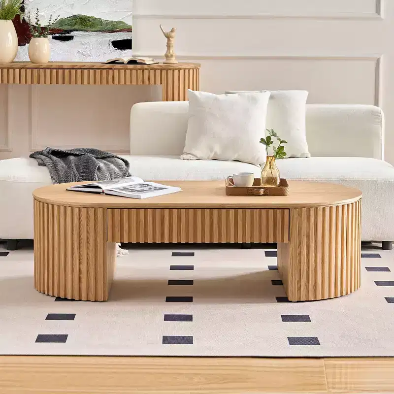 GDFStudio Eleanor Mid-Century Modern 51.18 Oval Wood Coffee Table With Drawer