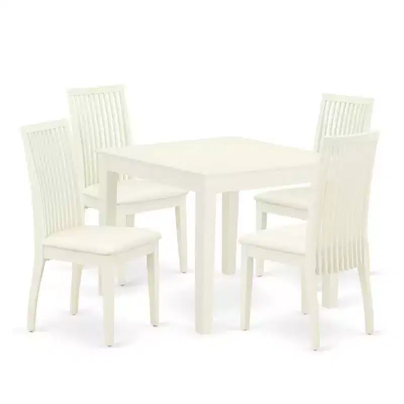 5-Piece Linen White Finish Solid Wood Top - Square Dining Room Set - Seats 4