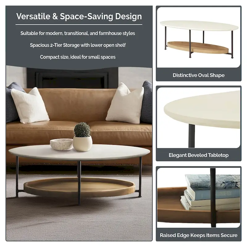Oval Coffee Table with White Top and Natural Shelf