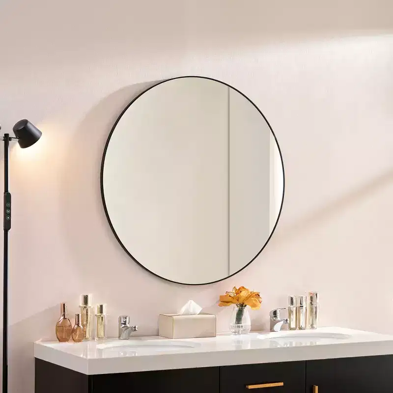 Modern Round Mirror with Narrow Aluminum Frame, Wall Mount Bathroom Mirror, Vanity Mirror for Bathroom, Living Room, Black