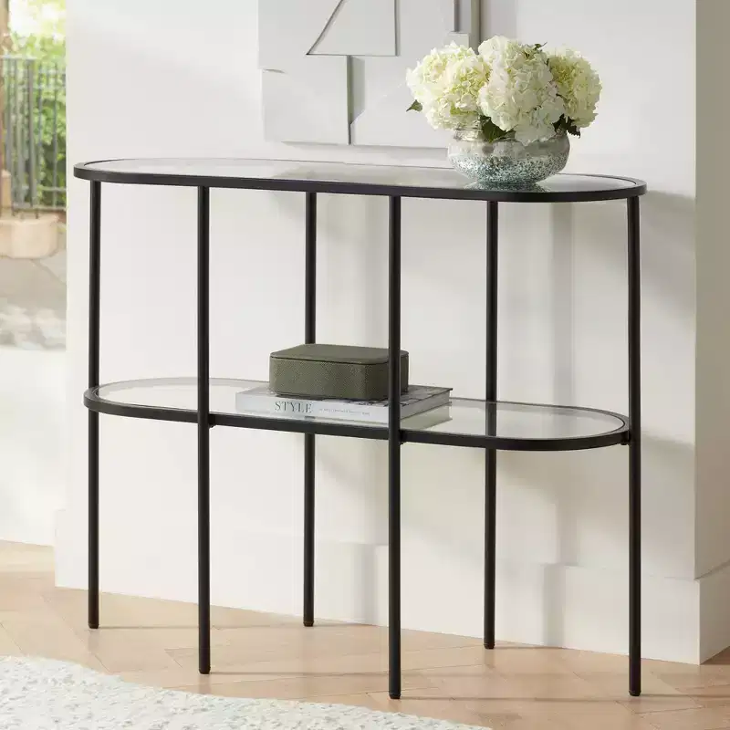 Remy Modern Metal Oval 2-Tier Console Table 40 x 15 with Storage Sandy Black Clear Glass Tabletop for Living Room
