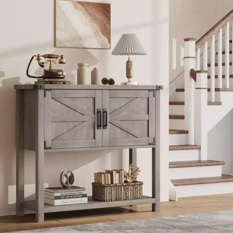 Farmhouse Entryway Table - 2-Door Console with Storage Shelf for Living Room & Hallway