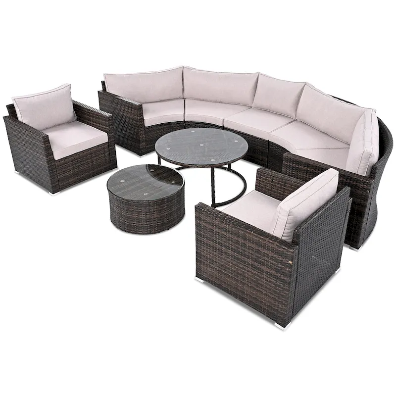 9-Piece Half-Moon Sectional Set with Nesting Table & Armchairs