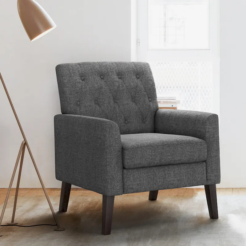LUE BONA Linen Accent Chair Comfy Living Room Chair with Arms Upholstered Button Tufted Armchair Modern Arm Chairs