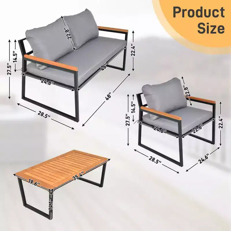 Karl Home Patio 4-Piece Acacia Wood Armrest & Table Top Conversation Set with Cushions