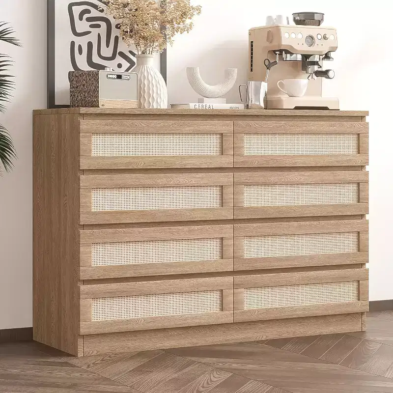 Rattan Decorative Storage Cabinets, Dresser for Bedroom, 8 Drawer Dresser for Closet