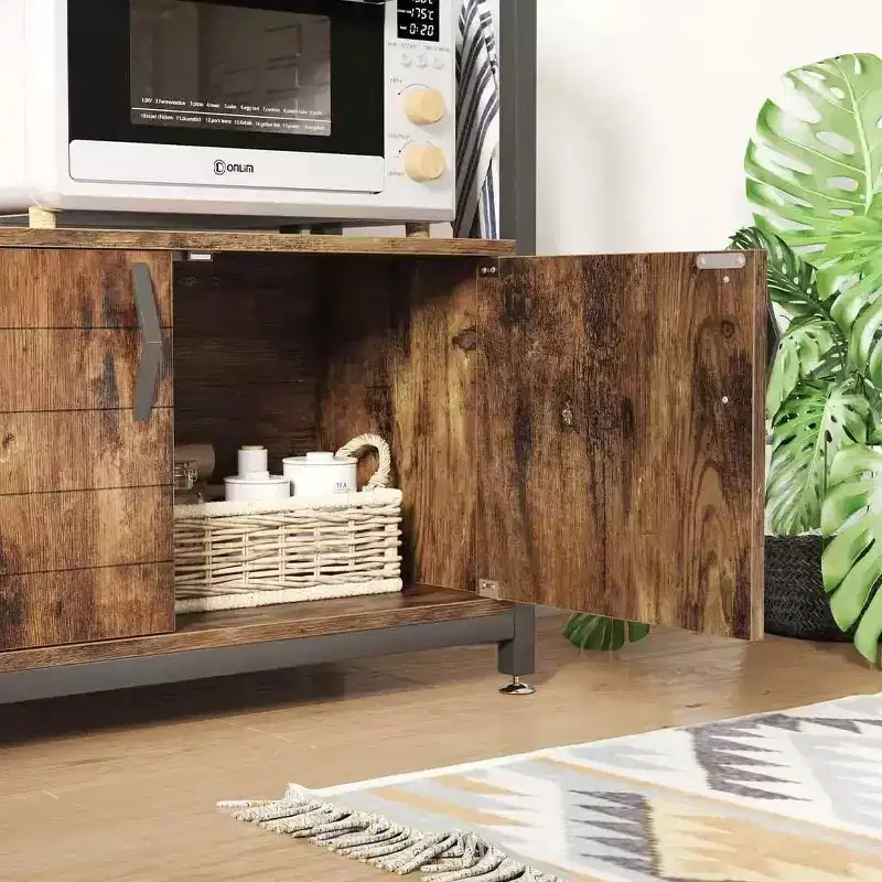 Height-Adjustable Microwave Stand Baker's Rack with Cabinet, Hooks & Wheels, Kitchen Storage