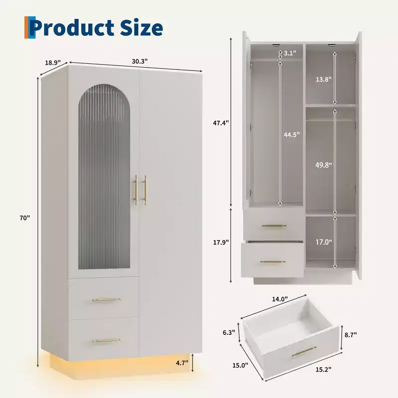White 2-Door Storage Cabinet with Fluted Glass Panel and 2 Drawers