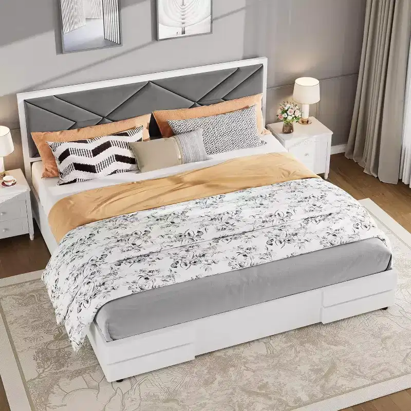 White Full Size Platform Bed with Tufted Upholstered Headboard, for 1-2 Person