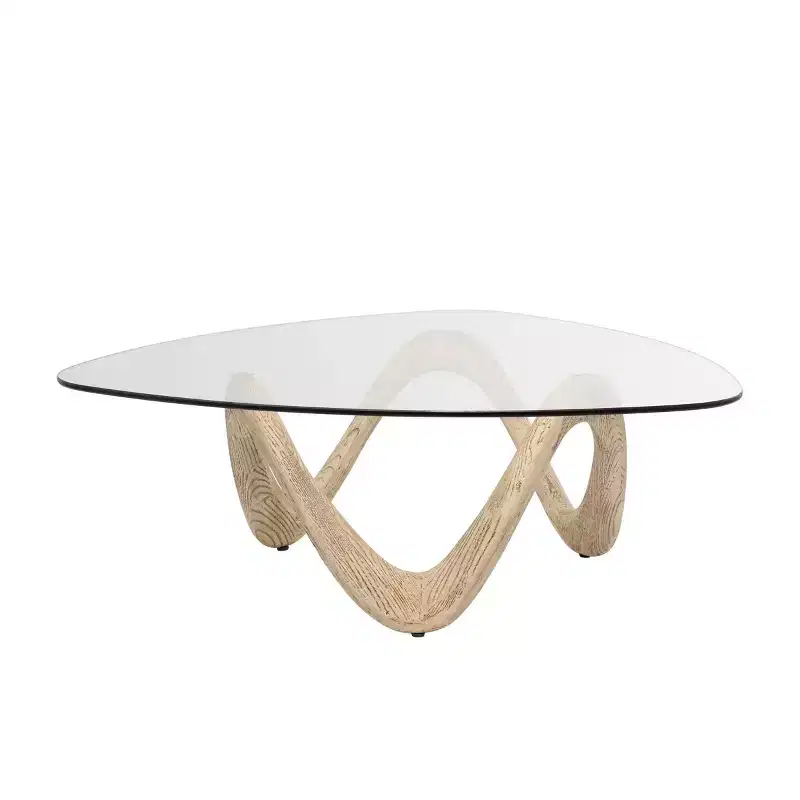 Abstract Cement Coffee Table - Triangular Glass Top, Beige