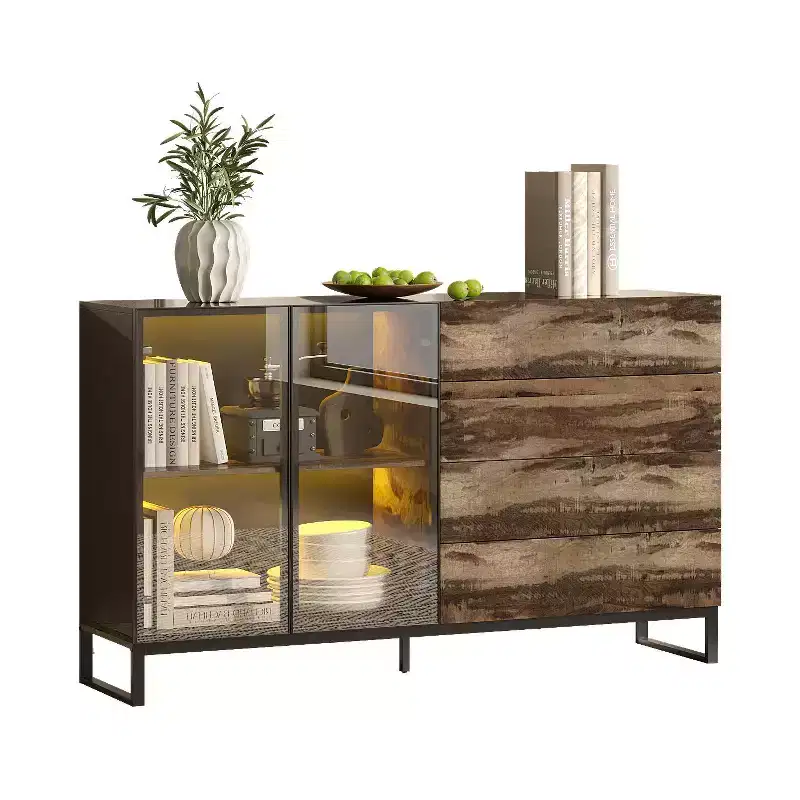 Industrial-Style Display Cabinet with 8 LED Lighting & 4 Drawers, Multi-Storage Organizer with Glass Doors, Rustic Brown & Black