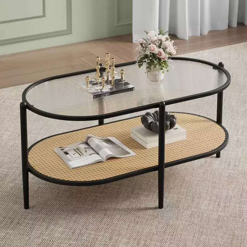 37 Rattan Coffee Table, 2 Tier Wooden Oval Center Table with Tempered Glass Top, Accent Cocktail Tea Table for Living Room Bedroom Office