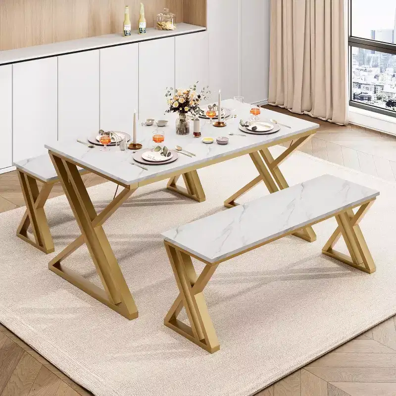 4-Person Dining Set: Rectangular Faux Marble Tabletop & 2 Benches with Metal Frame - Space-Saving for Kitchen, Dining Room & Apartment.