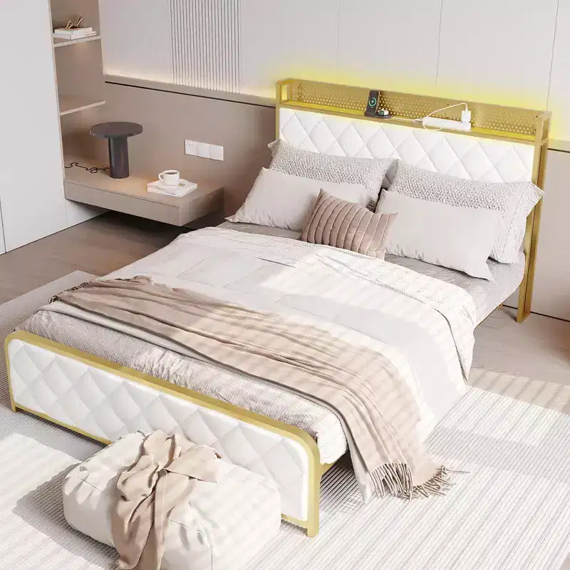 King Size Platform Bed Frame with Charging Station and LED Lights, King Bed Frame with Velvet Storage Headboard