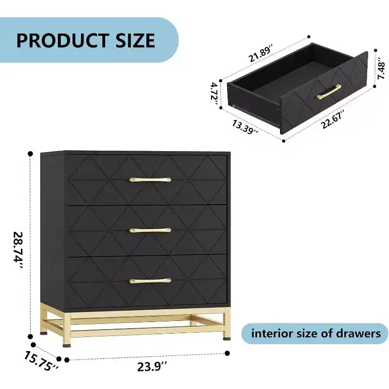 3 Drawer Wooden Dresser, Modern Chest of Drawers with Metal Handles, Storage Organizer for Bedroom and Living Room