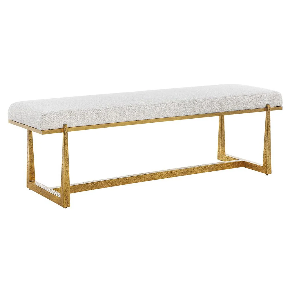 Antique Gold Iron Legs Driftwood Polyester Upholstered Long Bench