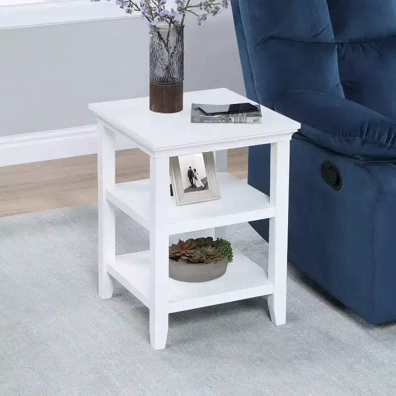 HomeStock Belmont End Table with Shelves Modern Three-Tier Storage Accent Table Solid and Manufactured Wood Versatile Nightstand Table