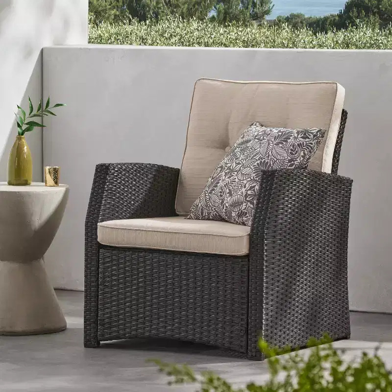 Christopher Knight Home Sanger Outdoor Wicker Club Chair with Button-Tufted Cushions, Dark Brown/Beige