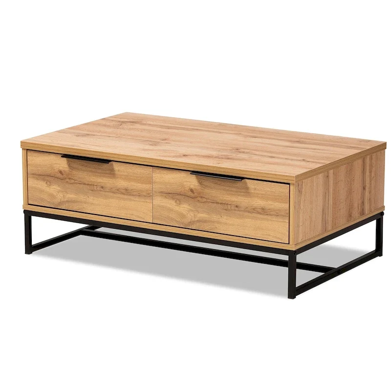 Oak & Black Modern Coffee Table with 2 Drawers and Open Shelf