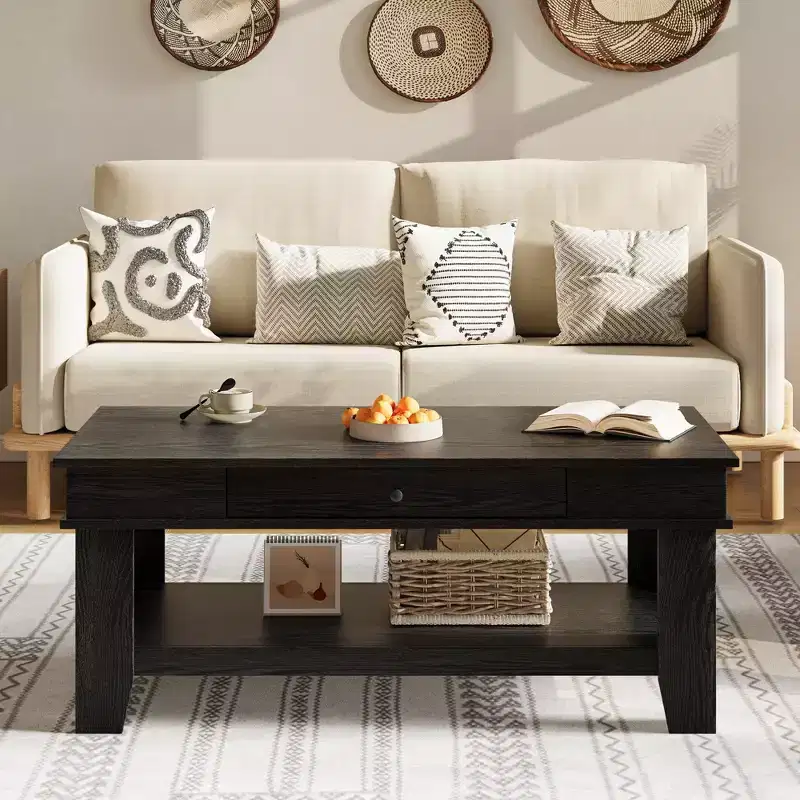 Rustic Walnut Coffee Table for Living Room  Long Rectangular Center Table  Sturdy Four-Leg Design  Drawer & Open Shelf Storage