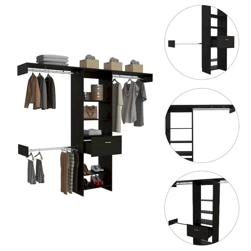FM Furniture Cross Closet System with Drawer, 3 Metal Rods, and 5 Open Shelves