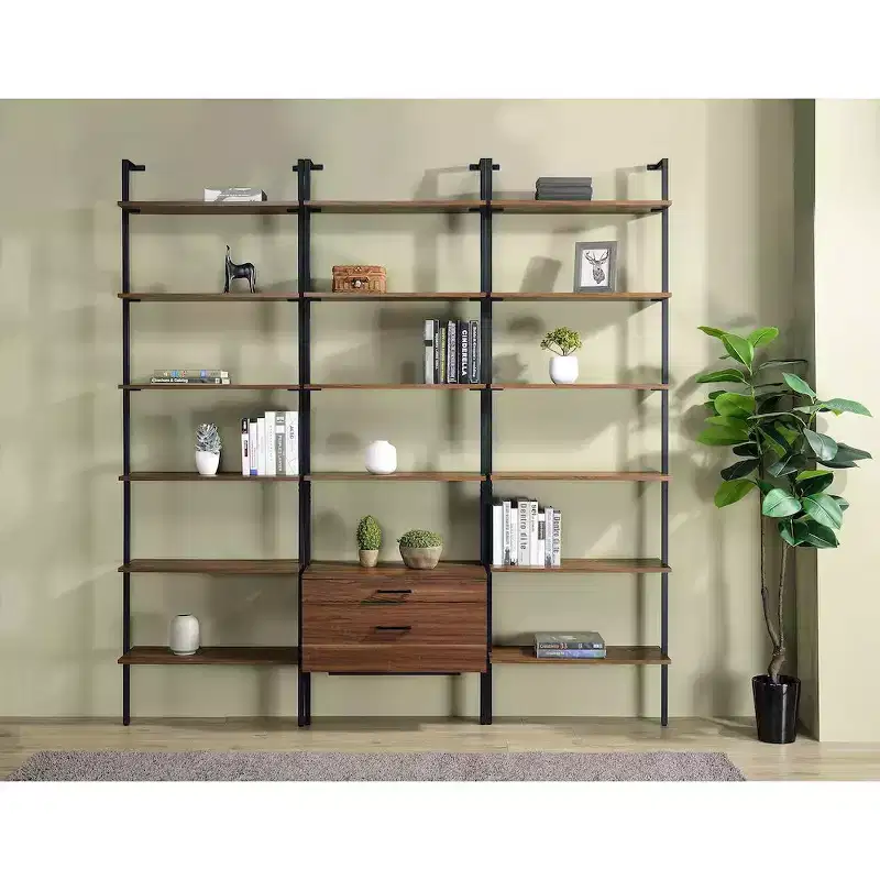Walnut 6-Shelf Wall Bookcase, Black Metal Frame, 96