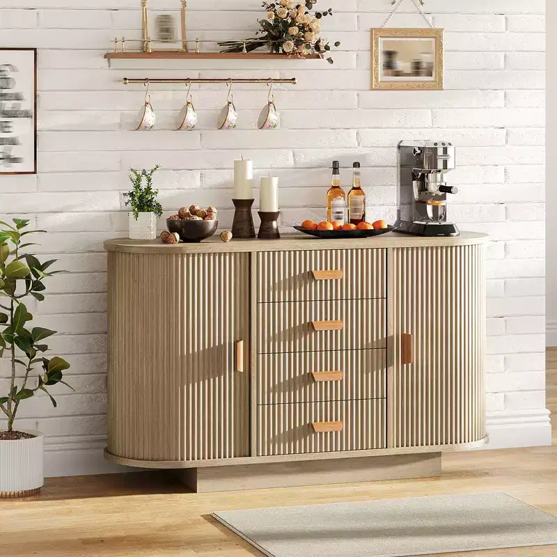 CuisinSmart 47 Modern Fluted Buffet Sideboard with 4 Drawers, Farmhouse Large Buffet Cabinet with 2 Arched Sliding Doors- Coffee Bar for Dining Room