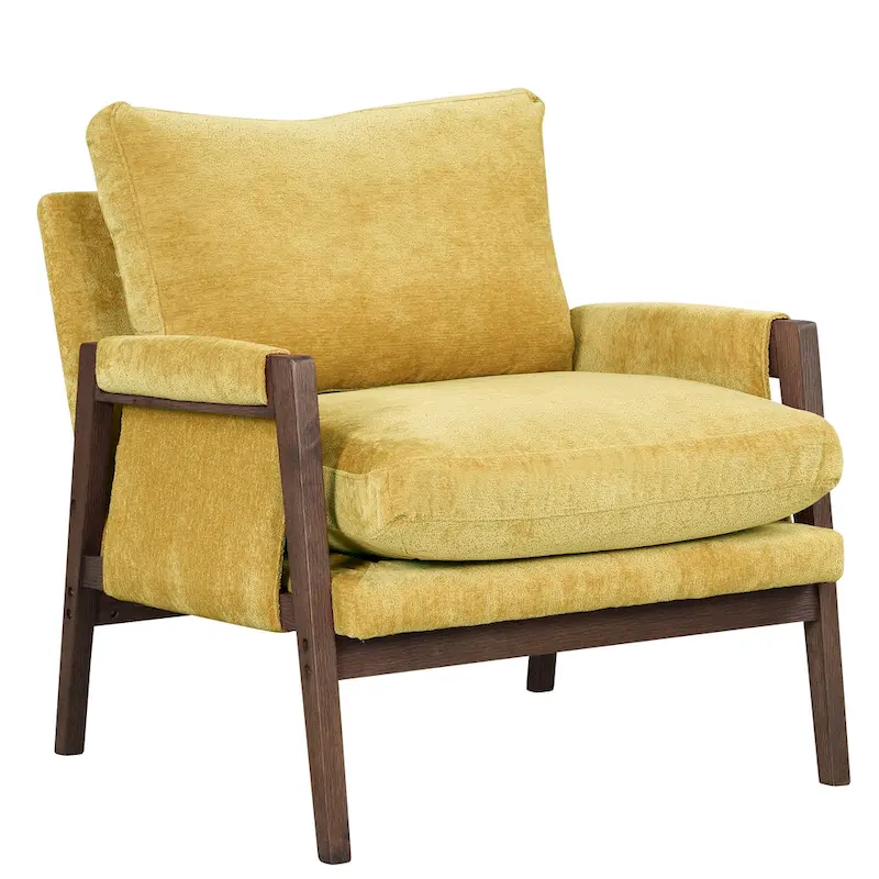 Yellow Mid-Century Modern 35.4 Velvet Arm Chair with Solid Rubber Wood Frame and Padded Feet