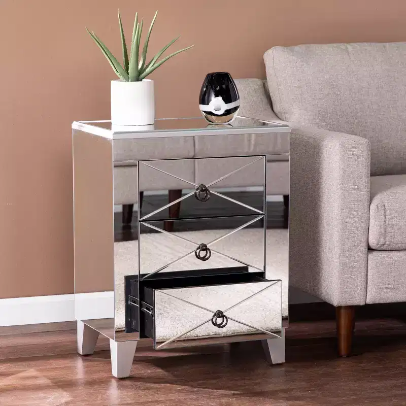Mirrored End Table with 3 Drawers, Silver