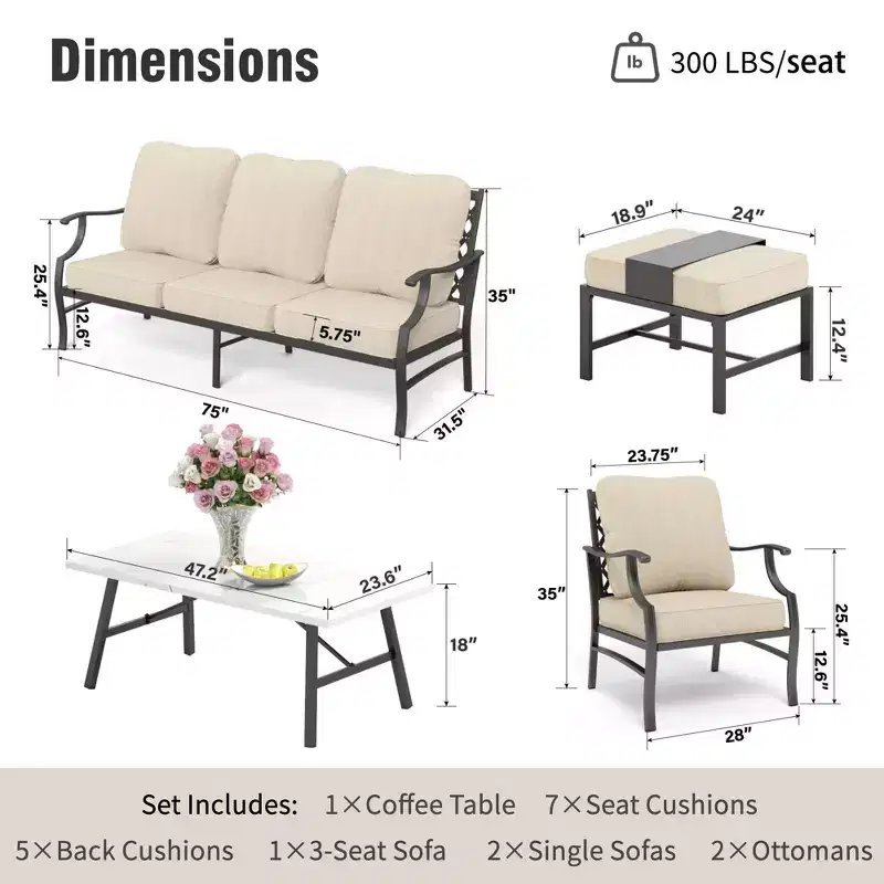 Captiva Designs 6pc Metal Patio Outdoor Conversation Set with Grid-back Armchairs, Ottomans and Coffee Table