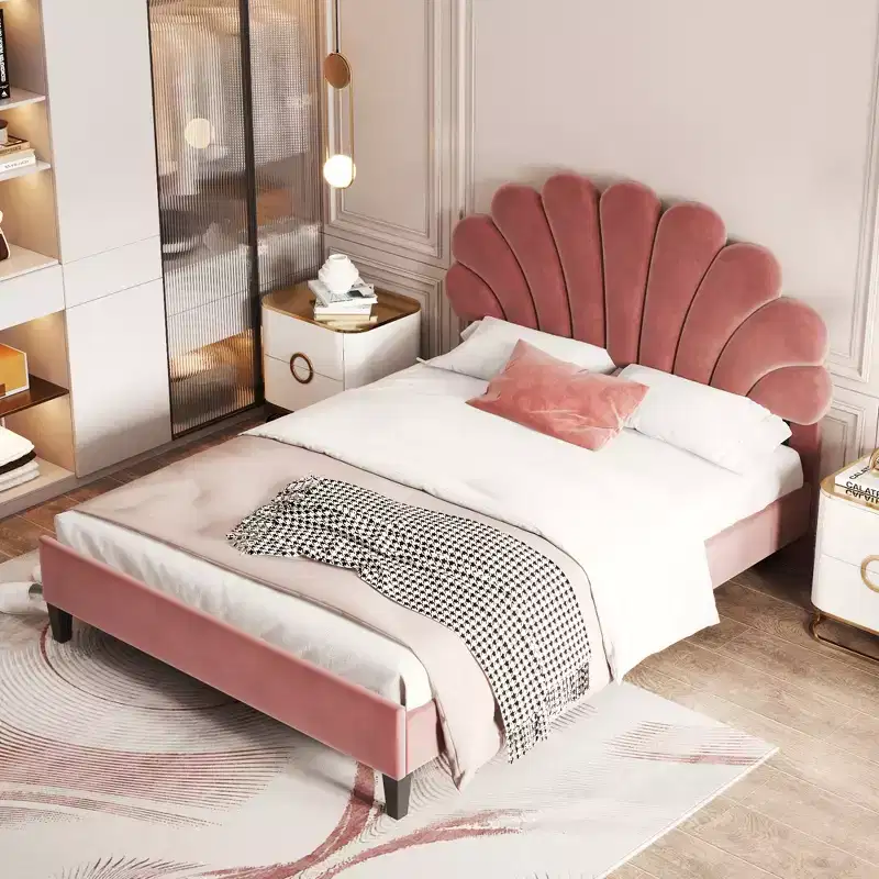 Full/Queen Upholstered Platform Bed Frame with Flower Pattern Velvet Headboard