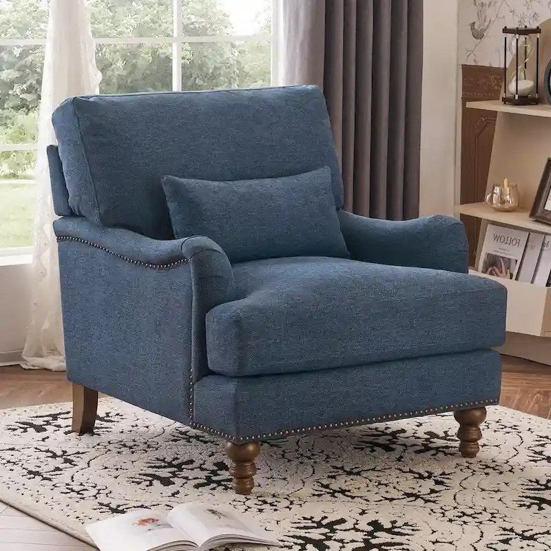 Upholstered Accent Chair with Lumbar Pillow and Solid Wood Legs