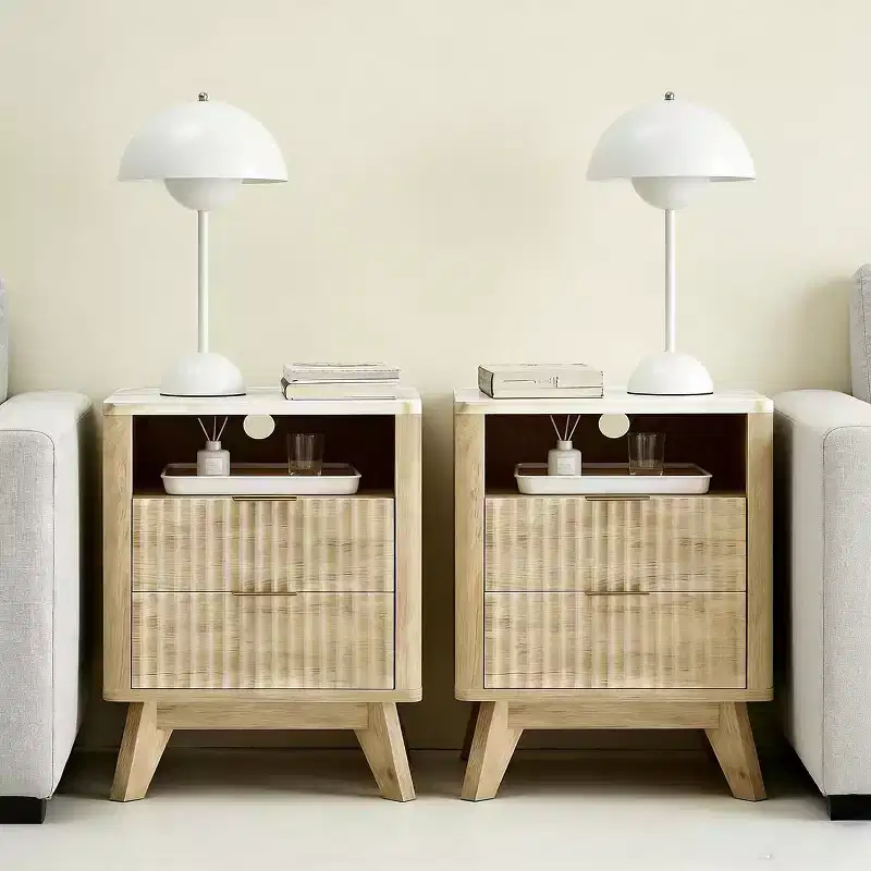 Modern Nightstand with Charging Station | 18 Small Bedside Table with Faux Marble Top & 2 Drawers | Oak Finish Bedroom, Living Room Night Stand