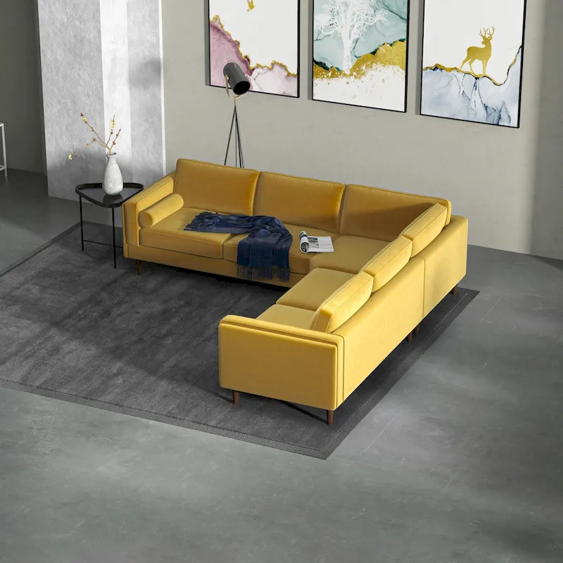 Gold Velvet L-Shaped Corner Sectional Sofa, 5-Seater