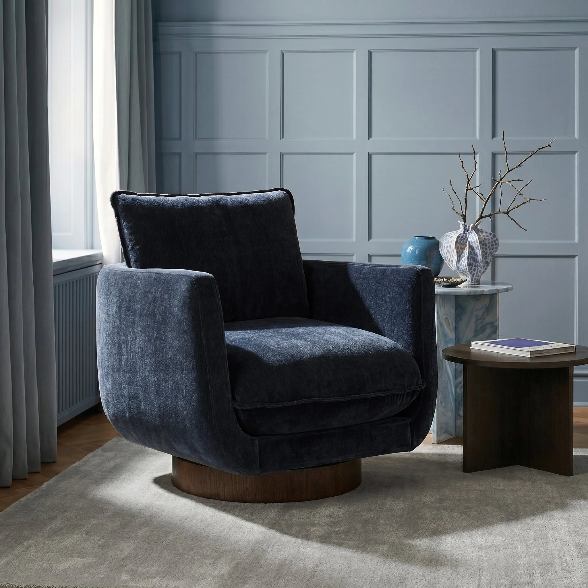 Modern Mystic Blue Swivel Lounge Chair with 360° Swivel Base