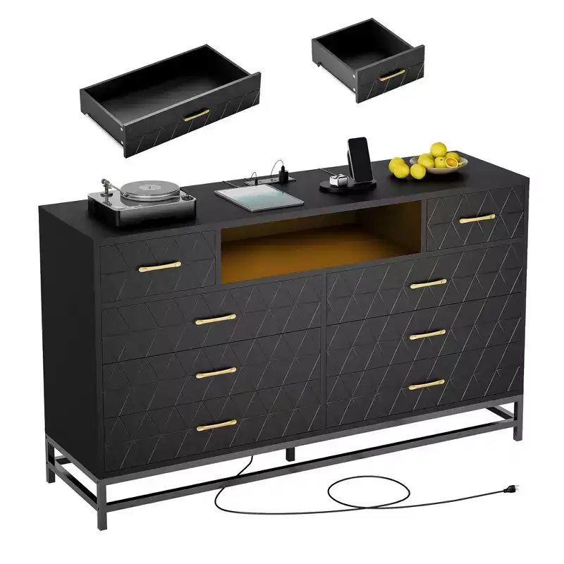 Storage cabinet, wooden five-drawer chest that doubles as a 55-inch TV stand with LED lighting, suitable for living rooms and hallways.