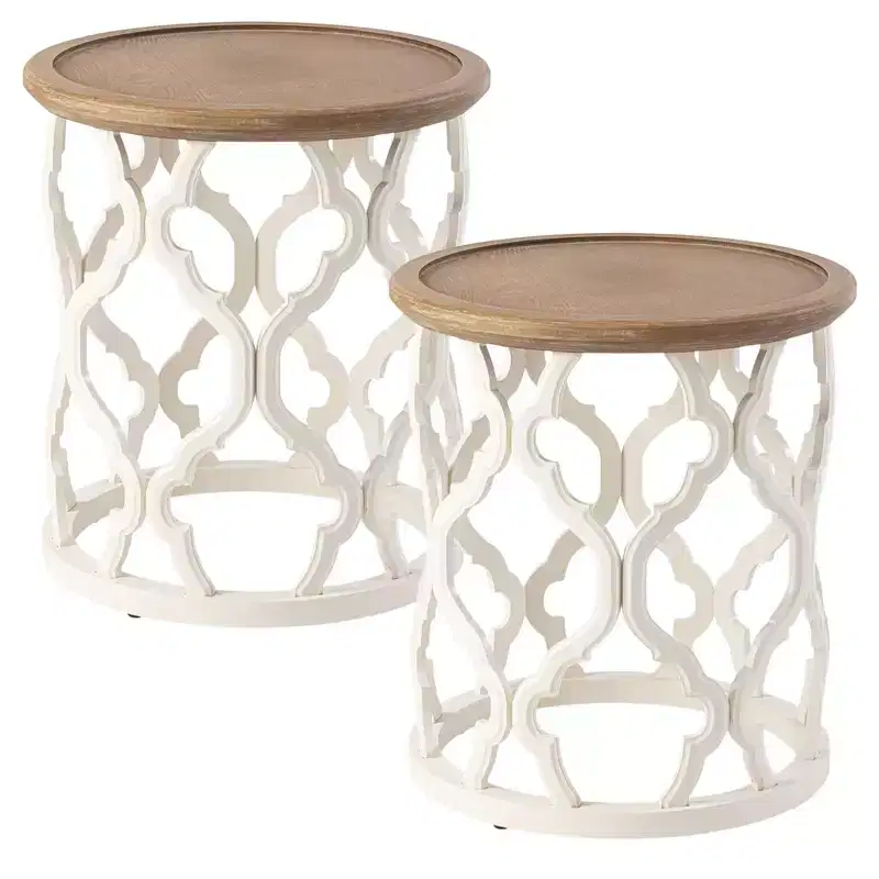 COZAYH Rustic Table Round Accent Wood Tray Top Curved Base Furniture, Set of 2