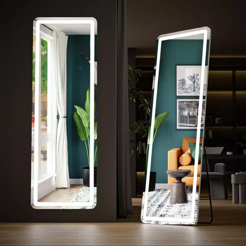 LED Full-Length Mirror 64x21 Inch with 3-Color Lighting, Wall Mount or Freestanding, White