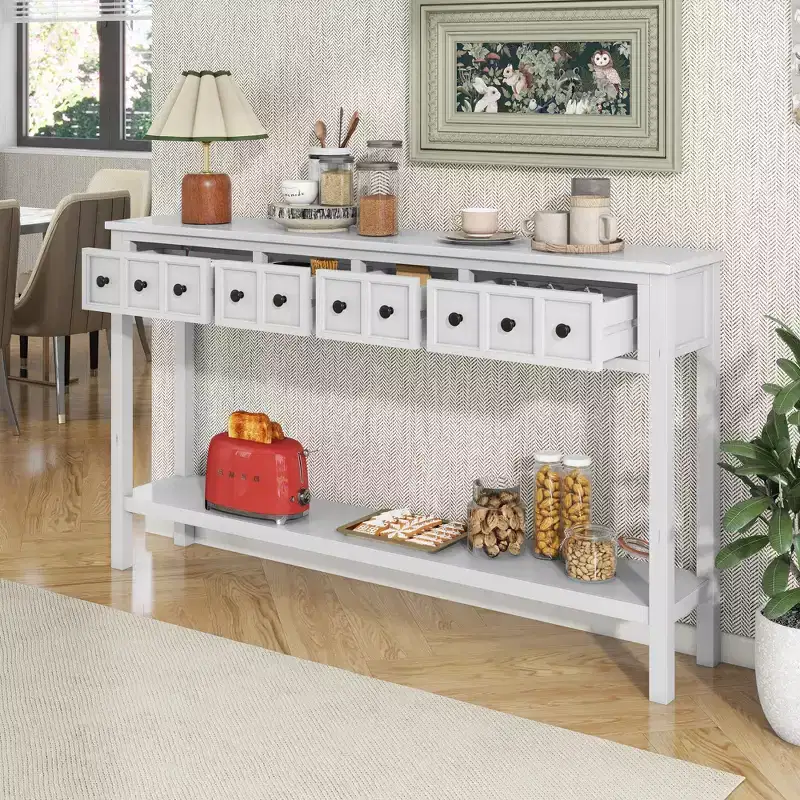 Rustic Console Table with 4 Drawers & Bottom Shelf – Antique White / Blue / Espresso / Navy, 1-Person