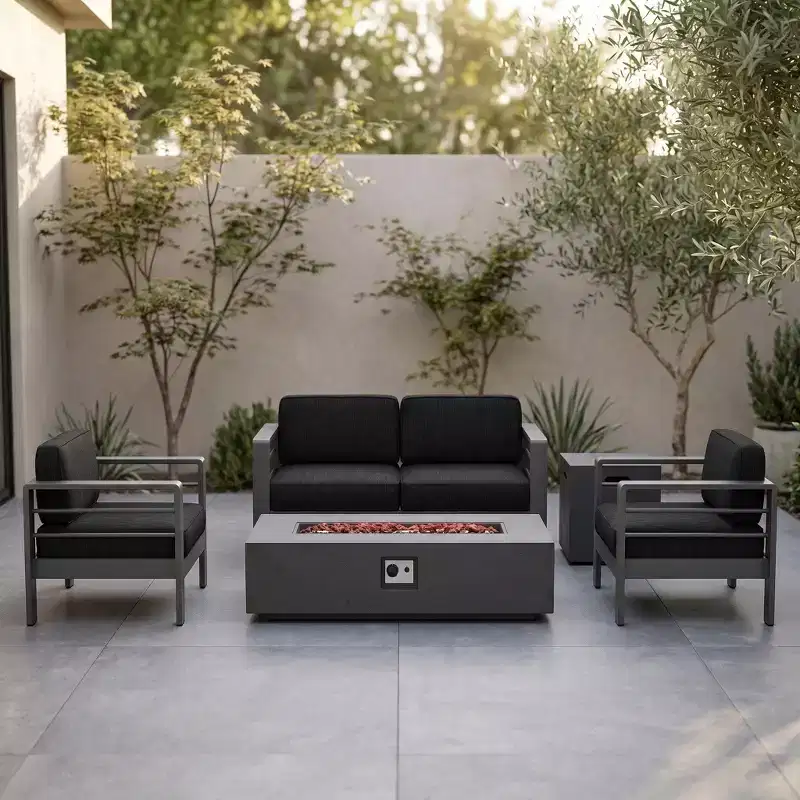 GDFStudio Crested Bay Outdoor Aluminum 4 Seater Chat Set with Dark Gray Fire Pit
