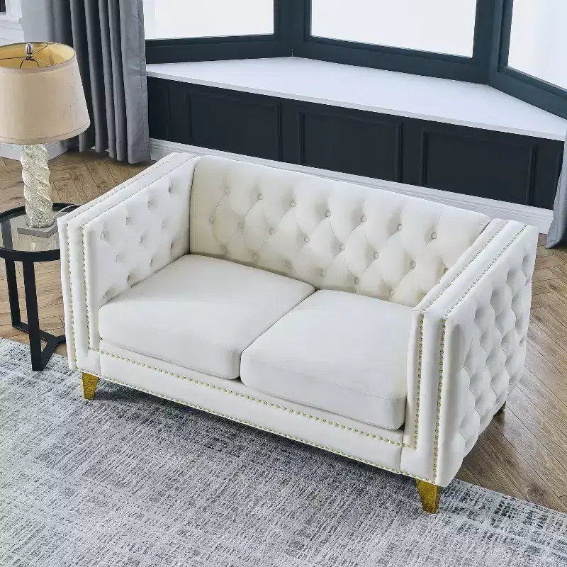 Button-Tufted Velvet 2-Seater Sofa with Square Arms & Metal Legs, Nailhead Trim