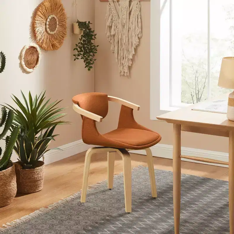 Fabric Upholstered Swivel Dining Chair with Wooden Armrests and Natural Finish
