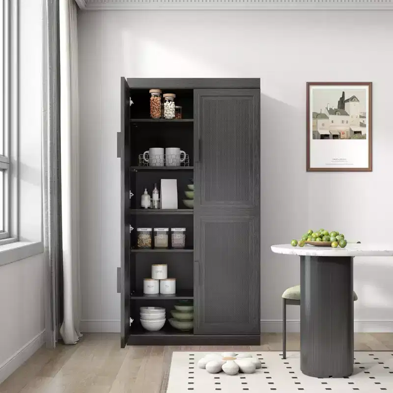 62x31x16 Wood Grain Buffet Cabinet in Black, Storage Organizer with Adjustable Shelves and Rattan Doors for Kitchen Bedroom Living/Dinning Room