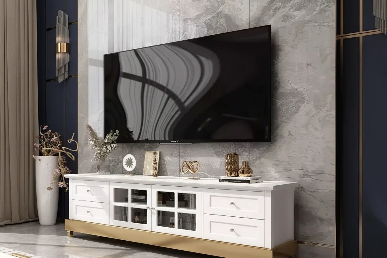 Media Console TV Stand with Glass Doors and Drawer Storage for Living Room