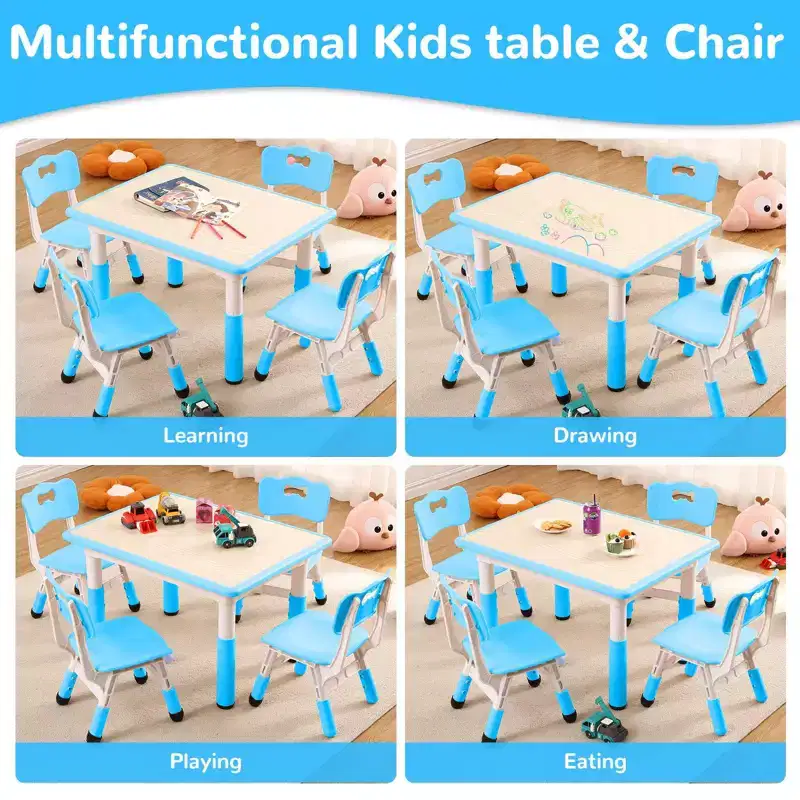 Toddler Table and 4 Chairs Set, Height Adjustable Multi-Activity Table with Graffiti Desktop, Easy Wipe Clean, for Classroom, Daycare