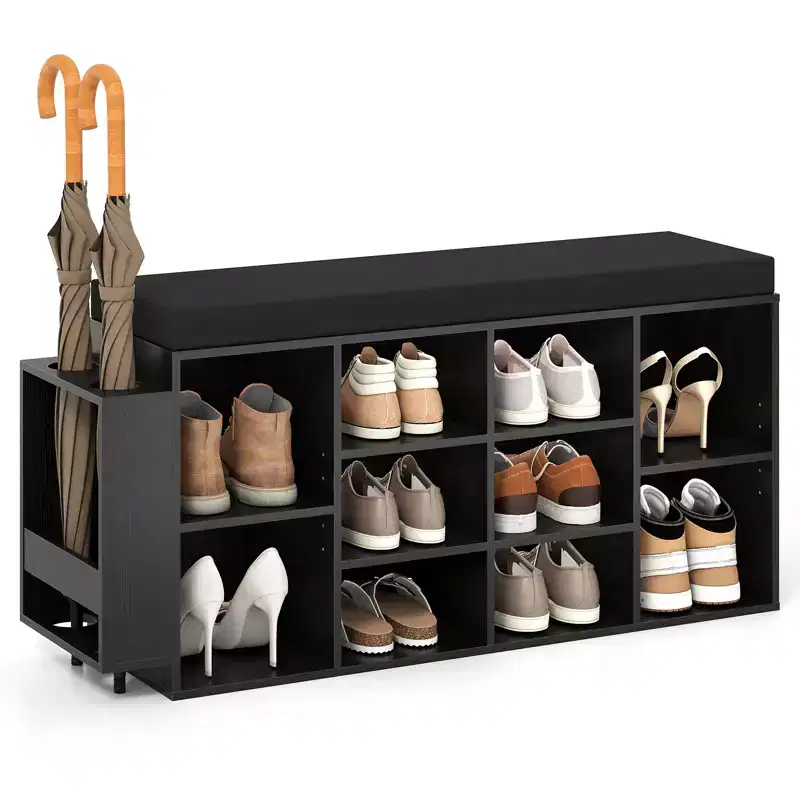 Shoe Storage Bench w/Umbrella StandPadded Seat Adjustable & Removable Shelves