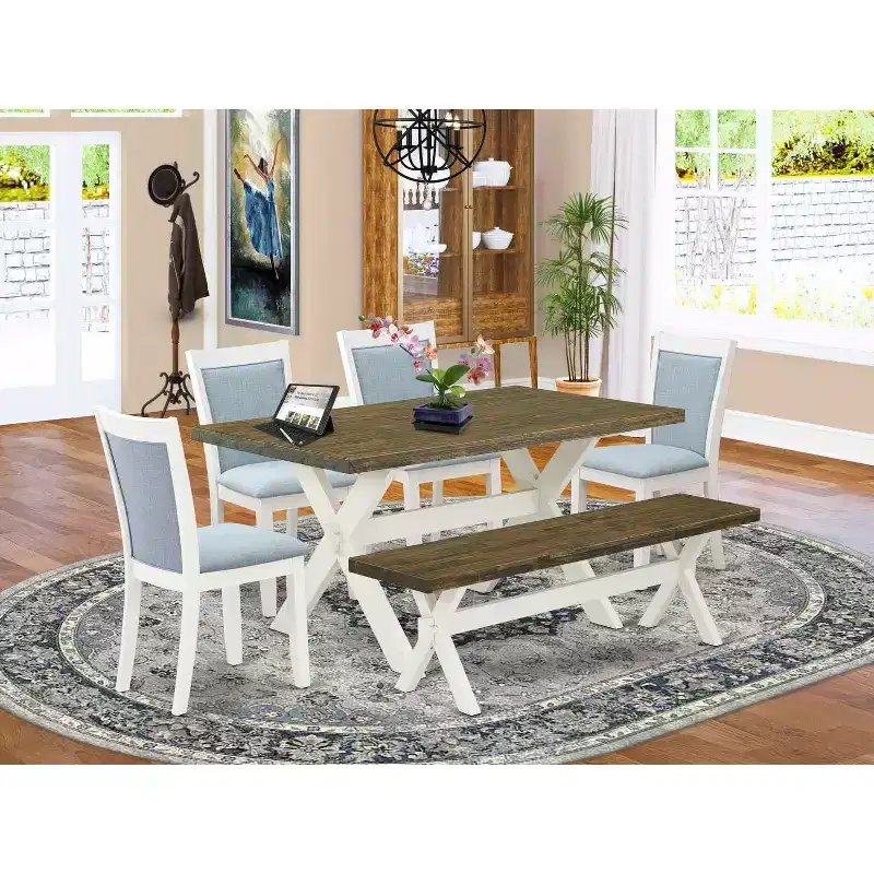HomeStock 6-Piece Rectangle Wire Brushed Linen White Finish Solid Wood Top Dining Table with 1-Bench, 4-Chairs