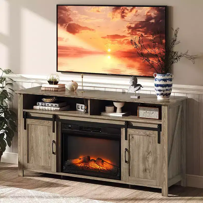Farmhouse TV Stand with Sliding Barn Door and Electric Fireplace for 70