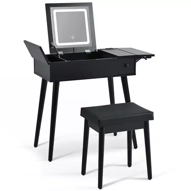 Okak Modern Vanity Desk with Flip Top Mirror, Makeup Table with Charging Station and Fold-up Panel, Compact Vanity for Bedroom, Black